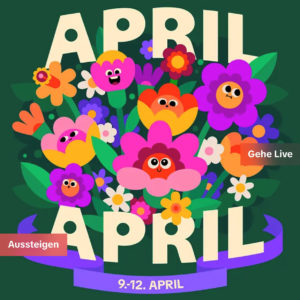 Bunte Frühlingsblumen mit Schriftzug 'April'.
