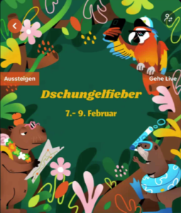 Tierillustration mit 'Dschungelfieber' Text, 7.-9. Februar