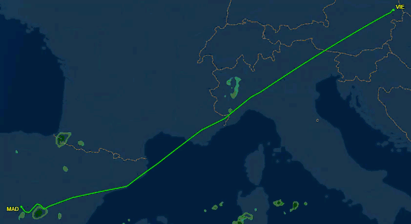 Flugroute von Madrid nach Wien auf Karte