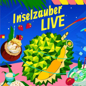 Inselzauber Live Plakat mit exotischen Früchten und Cocktails.