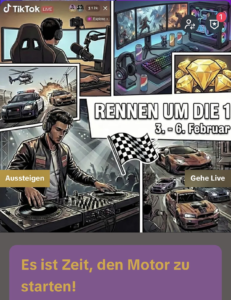 Gaming-Setup, Autorennen, DJ-Pult, Eventankündigung.